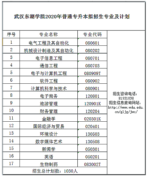 2020年武汉东湖学院专升本招生情况