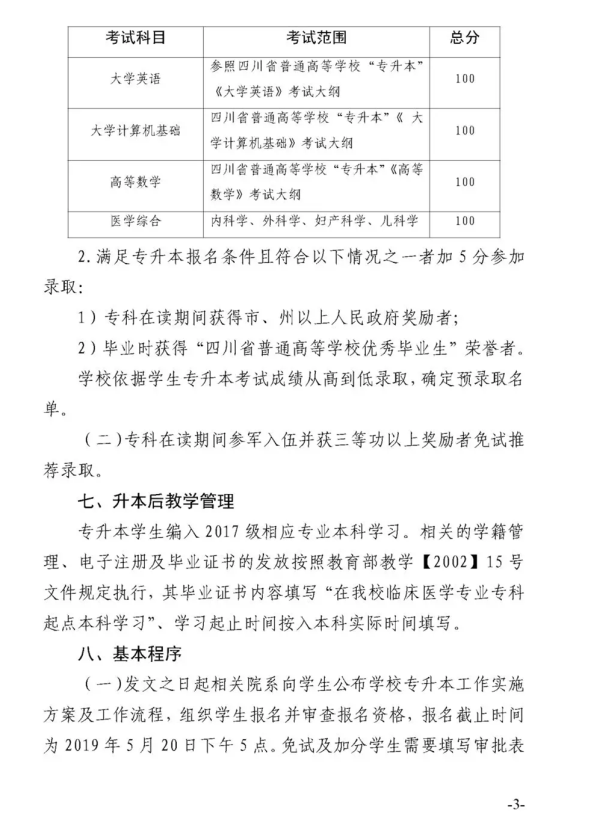 2019年川北医学院校内专升本考试安排(图3)