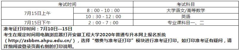 安徽工程大學(xué)2020年專升本考試時間和準(zhǔn)考證打印時間(圖1)