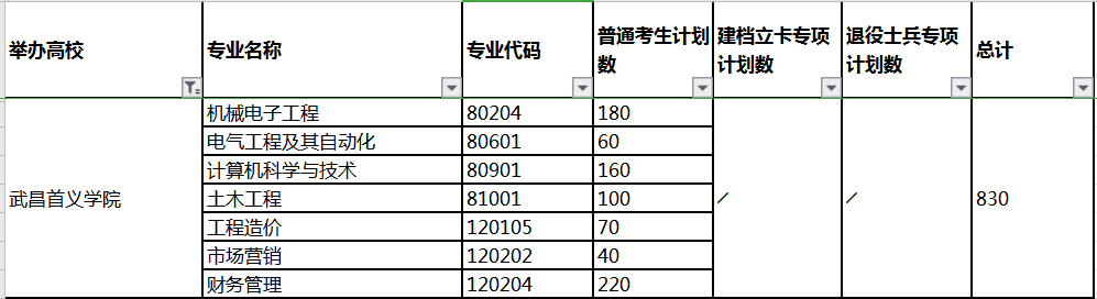 2020武昌首義學院專升本招生計劃及專業(yè)(圖1)