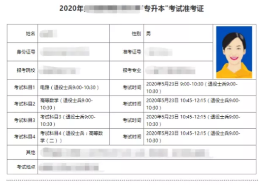 全日制专升本准考证样本(图1)