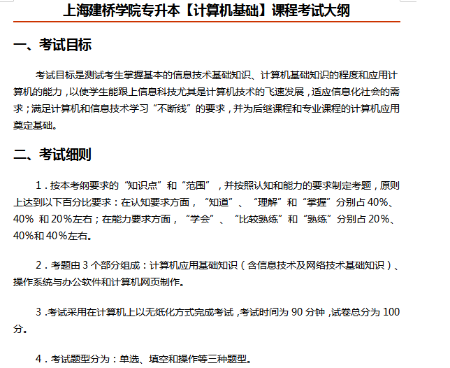 2021上海建橋?qū)W院專升本《計(jì)算機(jī)基礎(chǔ)》考試大綱(圖1)