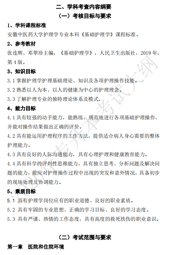 安徽中醫(yī)藥大學(xué)2020年專升本基礎(chǔ)護理學(xué)考試大綱(圖2)