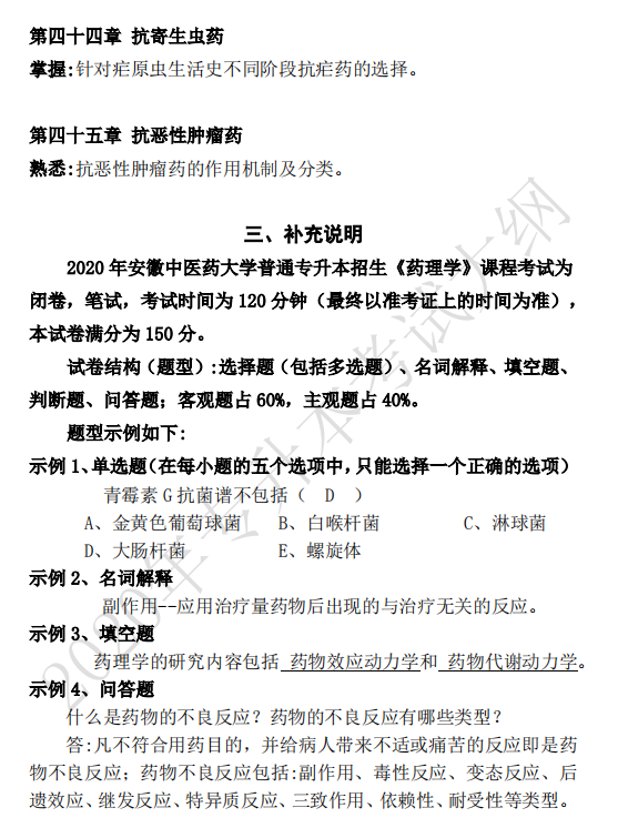 安徽中醫(yī)藥大學(xué)2020年專升本藥理學(xué)考試大綱(圖11)