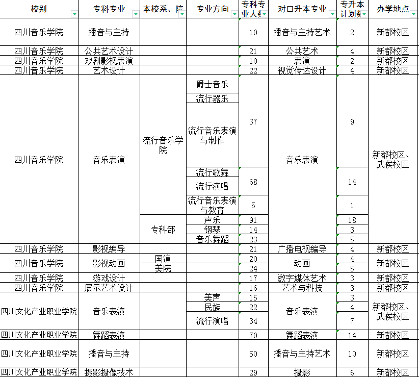 四川音乐学院2022年专升本分专业招生计划表