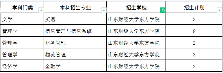 2022山东财经大学东方学院专升本建档立卡招生专业及计划